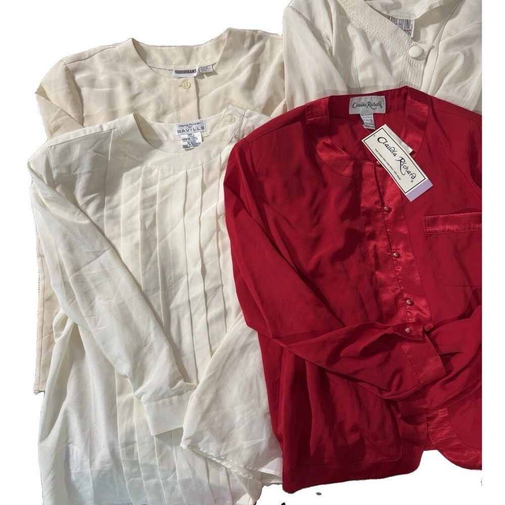 Lot Of 4 Vintage Blouses Satin Red And Cream Long Sleeve Size L/XL See Listing